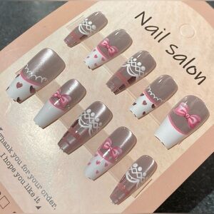[M] 💕🎀💅 10Pcs Wearable Reusable Press on Nail Long Ladder White Lace Pink Ribbon